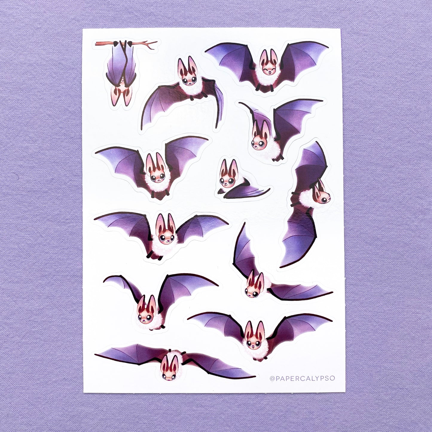 The bats have brown bodies with purple wings and a white fluffy body. Their ears are very large, since they are brown long-eared bats. The sticker sheet has 12 unique stickers printed on white glossy thin vinyl. This makes them sturdy and waterproof, but not too thick to use in a journal.