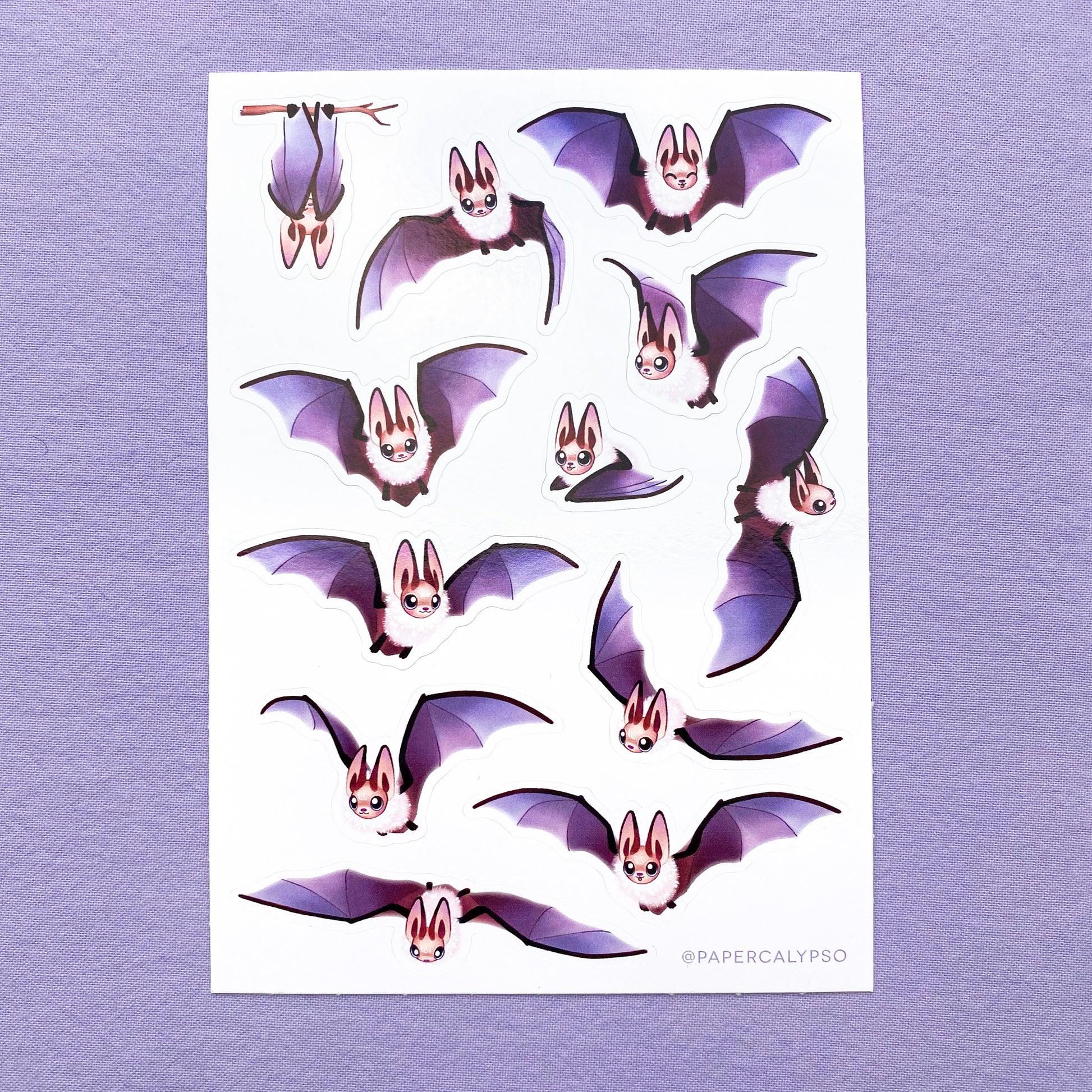 The bats have brown bodies with purple wings and a white fluffy body. Their ears are very large, since they are brown long-eared bats. The sticker sheet has 12 unique stickers printed on white glossy thin vinyl. This makes them sturdy and waterproof, but not too thick to use in a journal.