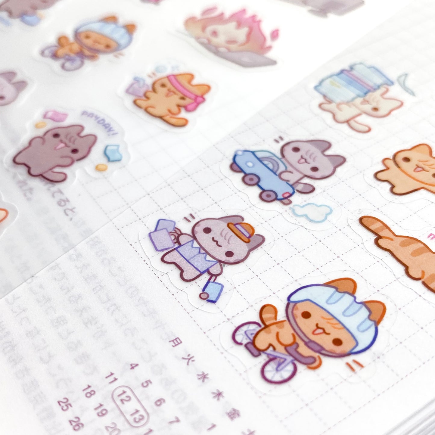 an example of the stickers in a hobonichi journal. Use them to decorate your pages and make them more fun. The stickers are matte and transparent, so you can see the journal paper patterns through the stickers.