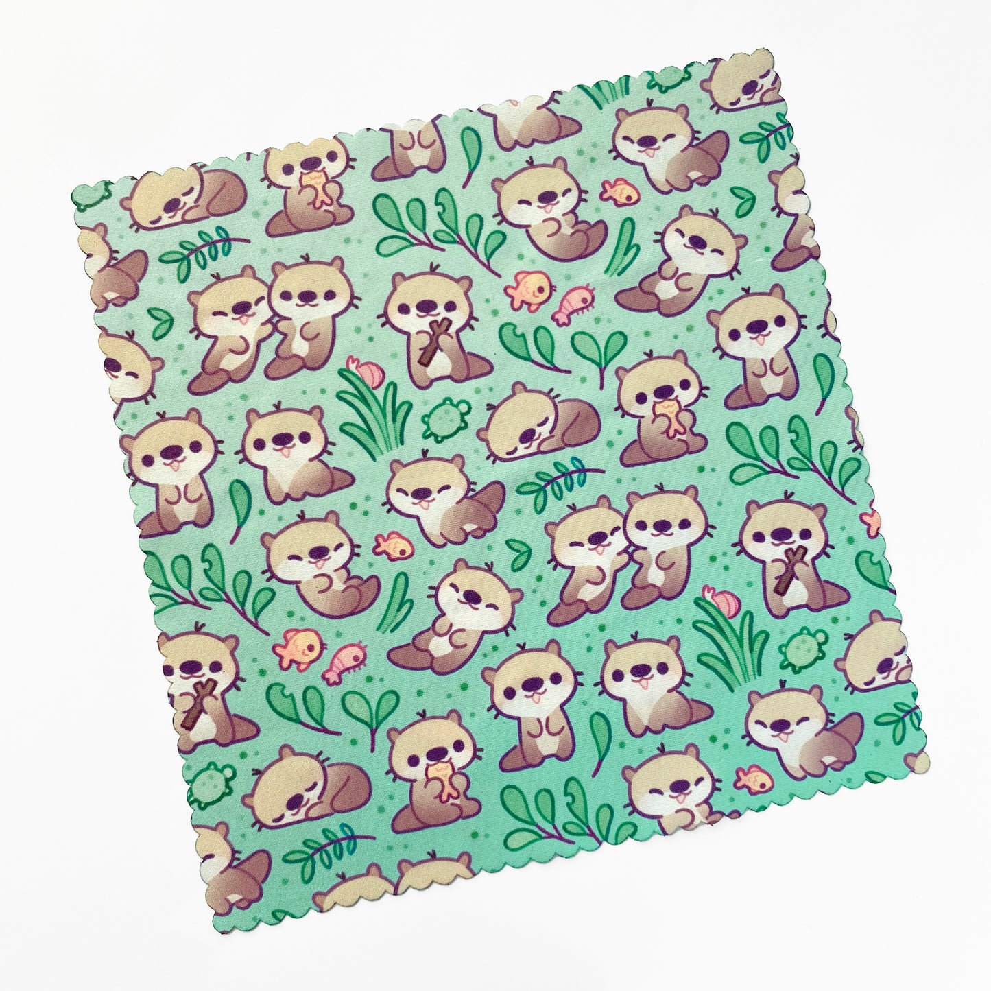 green river water pattern with cute happy smiling otters and underwater plants. european fish otter.