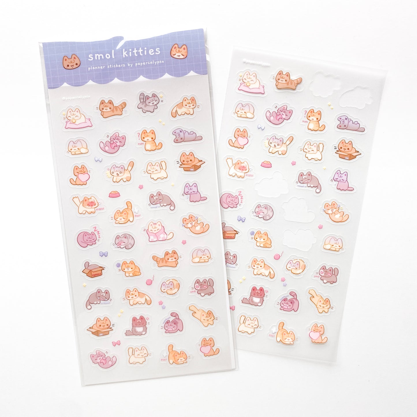 cute kawaii chibi kitties doing different silly cat things to decorate your journal, diary or planner. There are 36 unique stickers of cats playing, jumping, sleeping, crying and hissing. Two are hiding in a box, one is playing with yarn and another is farting!