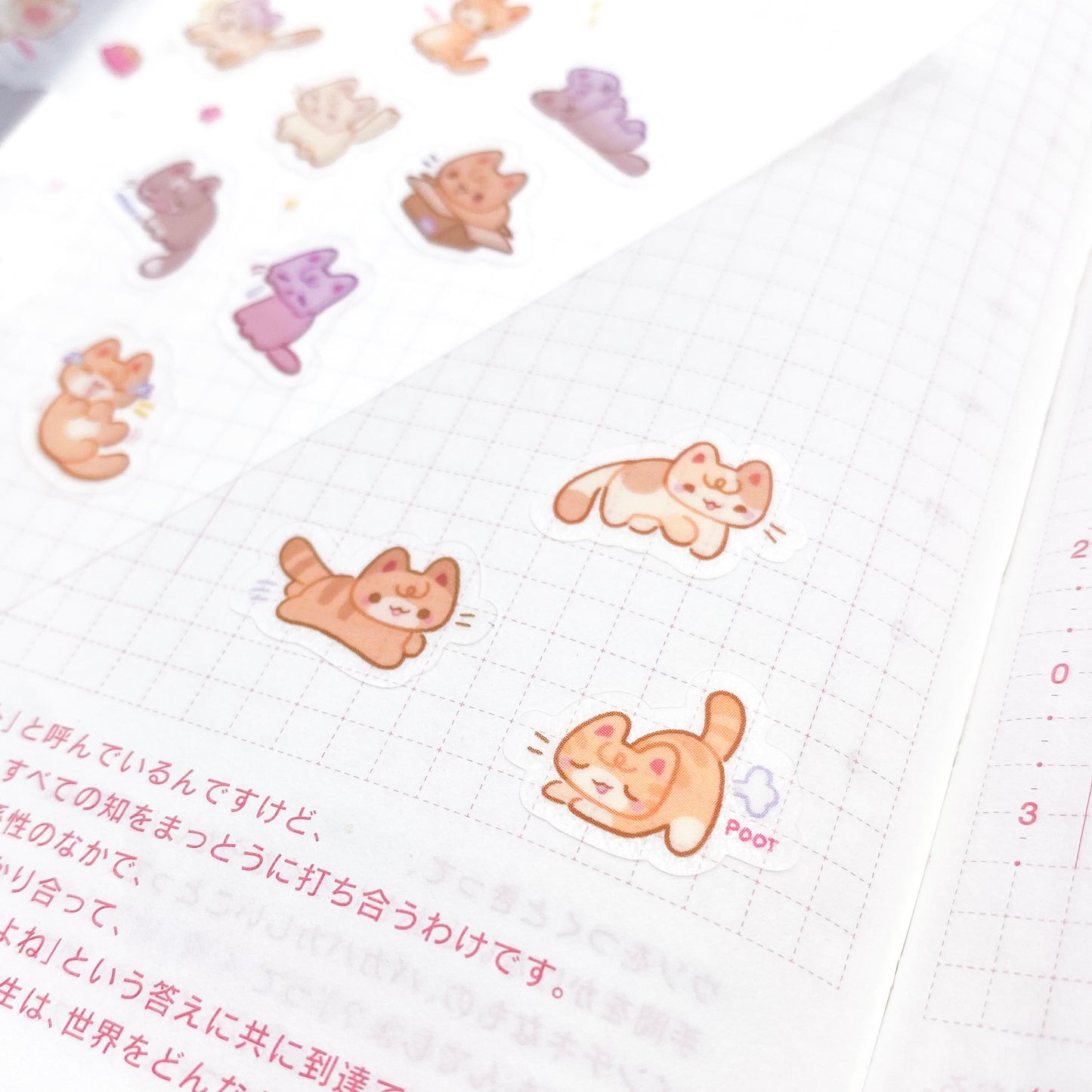 an example of the stickers in a hobonichi journal. Use them to decorate your pages and make them more fun. The stickers are matte and transparent, so you can see the journal paper patterns through the stickers.