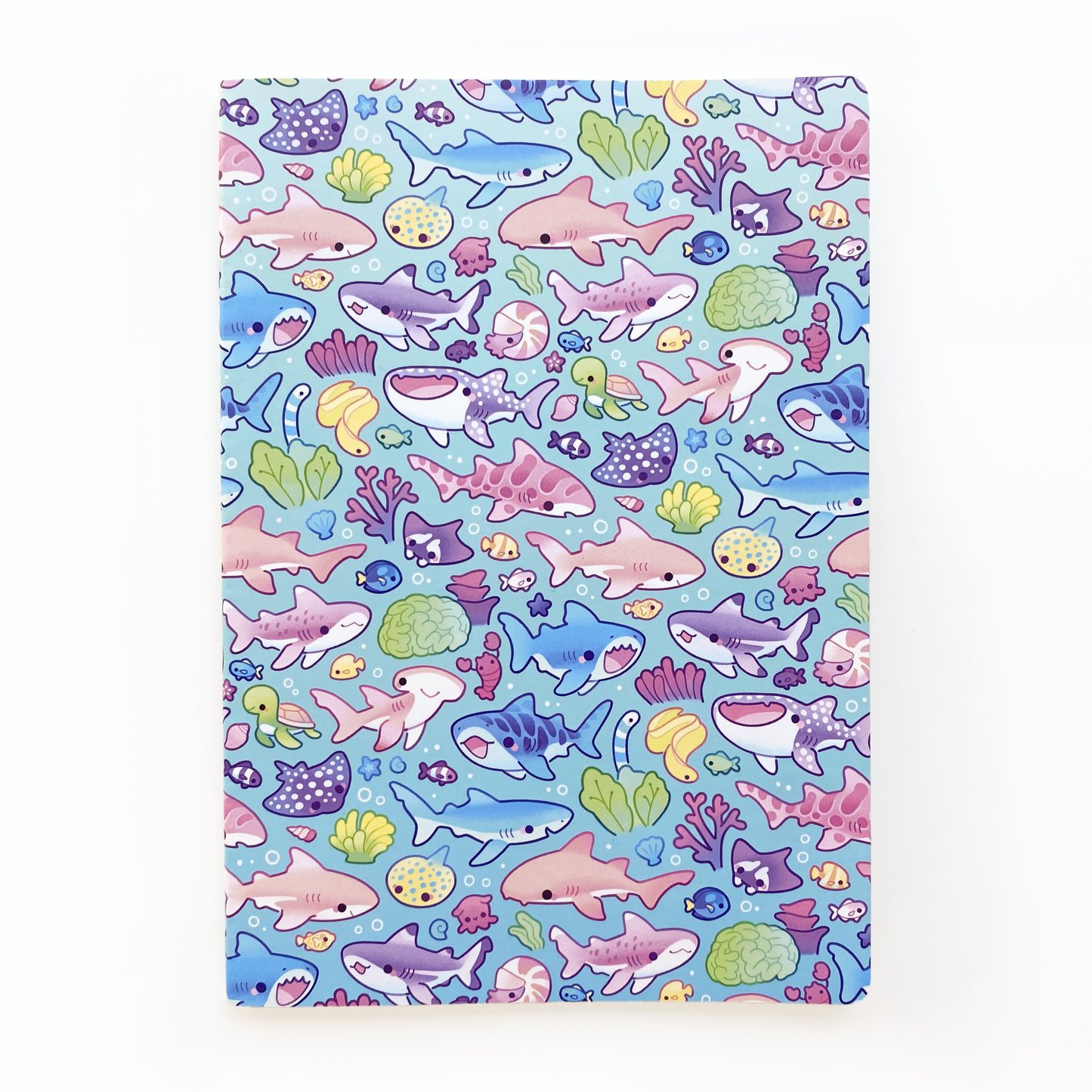 the notebook cover has many different sharks, rays, corals and more! whale shark, blue shark, black-tipped reef shark, great white, tiger shark, nurse shark, leopard shark, white-tipped reef shark, hammerhead shark, surgeon fish, lobster, eel, manta ray, spotted ray, dumbo octopus, nautilus, sea turtle.