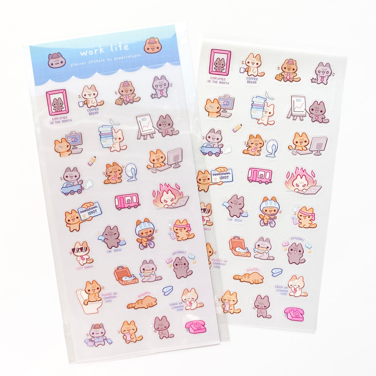 cute kawaii chibi kitties doing different work tasks office job to decorate your journal, diary or planner. There are 26 unique stickers of cats doing corporate work. They wear ties, they commute to work, they love the computer and the printer!