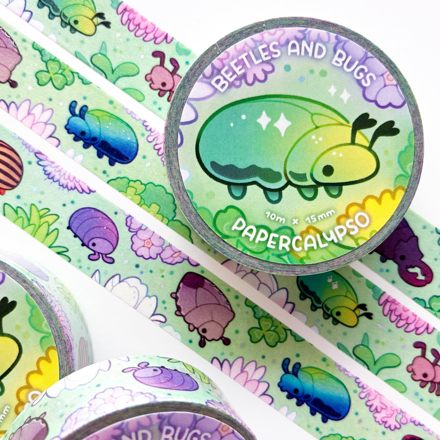kawaii colourful cartoon European insect-themed washi tape featuring many different kinds of bugs in a green garden full of flowers, grass, clover and dandelions.