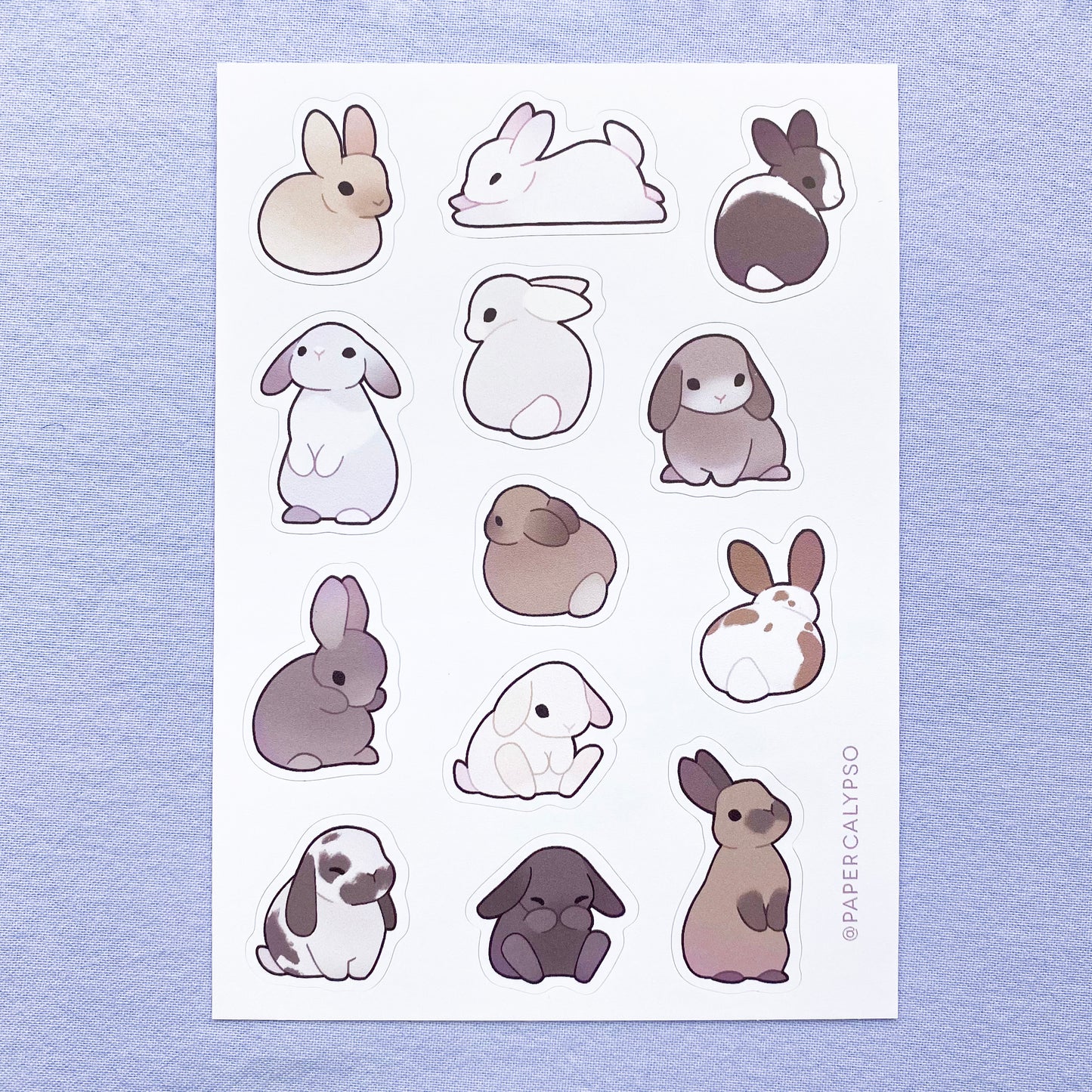 The bunnies have lots of different fur colours, from black to white, brown and spotted. They have cute little black eyes and a dark outline. The sticker sheet has thirteen unique stickers printed on white matte thin vinyl. This makes them sturdy and waterproof, but not too thick to use in a journal. Each sticker is an individual unique drawing of a bunny in a different pose.  They have been drawn sitting, loafing and standing up on their hind legs. 