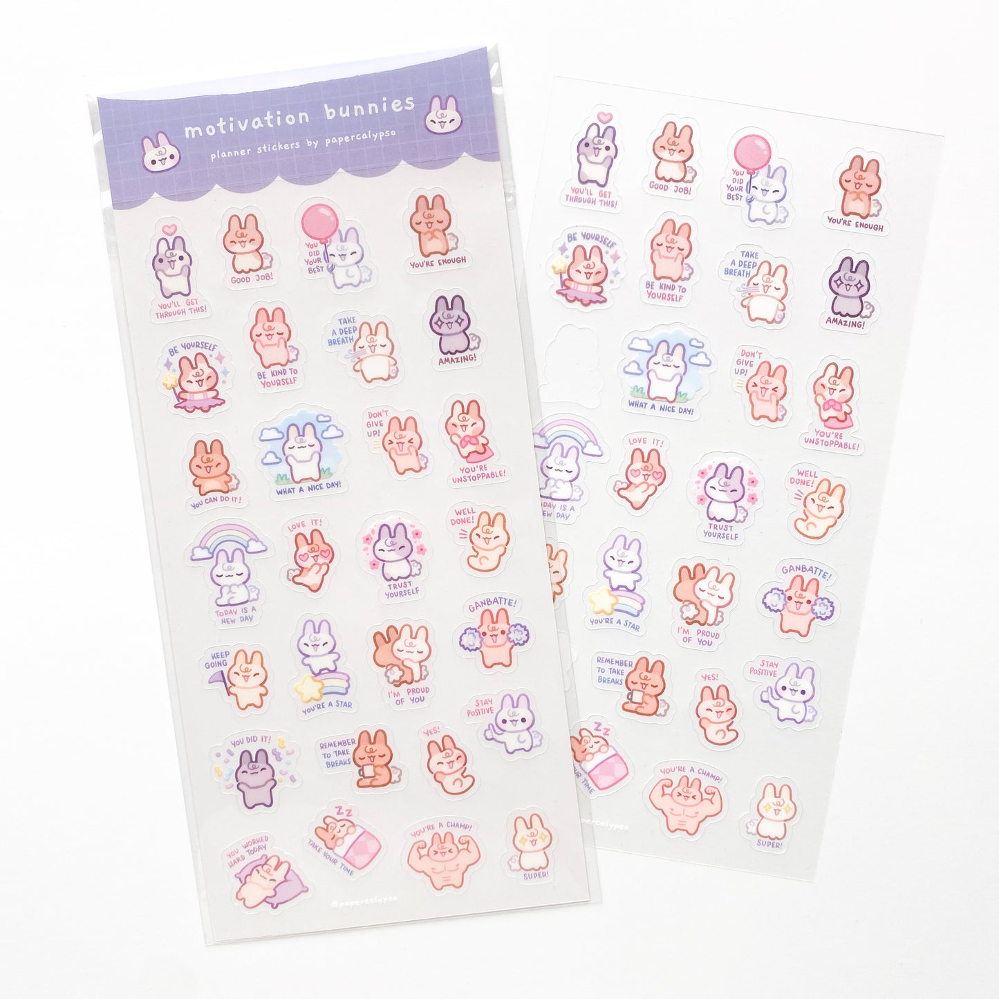 cute anthropomorphic chibi bunny rabbits with motivational text to help you sturdy and work. There are 28 individual unique stickers and the bunnies have different colours and expressions. There are flowers, stars and rainbows. One is holding a balloon, another is wearing a ballet tutu dress and another is holding up a flag. There's even a muscley buff bunny to cheer you on.