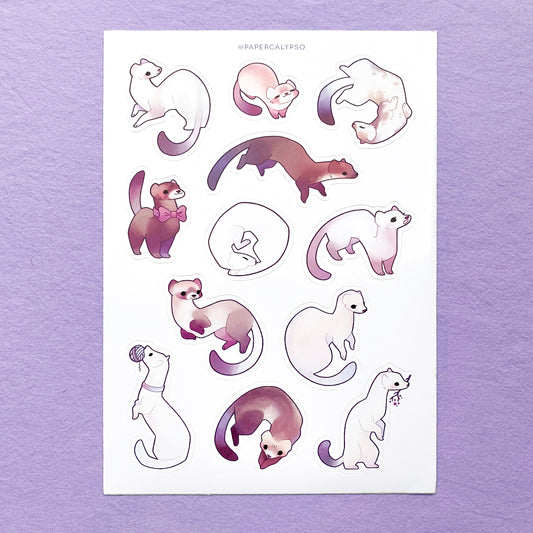 The mustelids are different colours and types. They range from white stoats to brown ferrets! As well as weasels and pine martens. The sticker sheet has 12 unique stickers printed on white glossy thin vinyl. This makes them sturdy and waterproof, but not too thick to use in a journal.