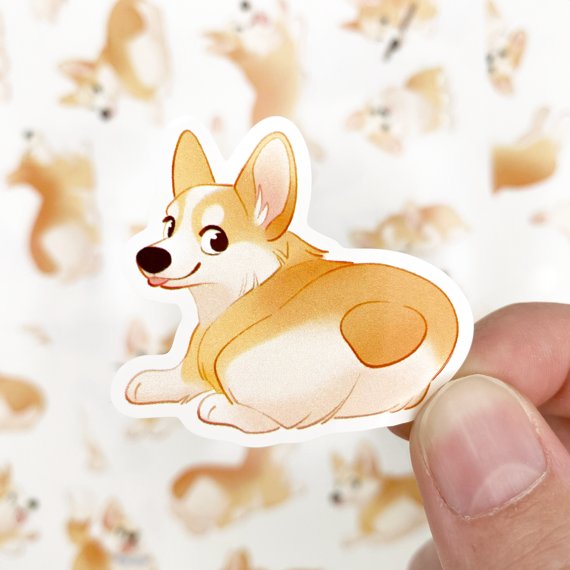 A sticker of a corgi posing with its butt to the camera and its tongue out. Blep! If you like cute pet stickers these happy corgis are for you!