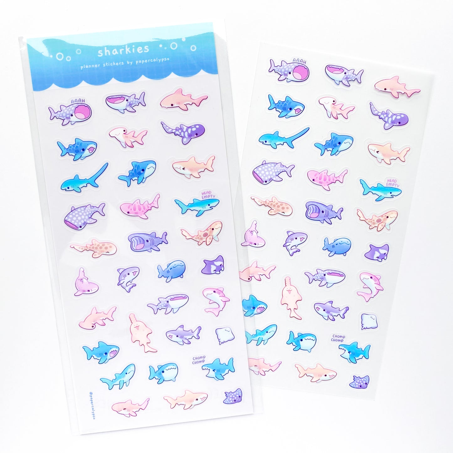 cute kawaii chibi shark fish doing different poses to decorate your journal, diary or planner. There are 32 unique stickers of sharks happily swimming around in the sea. 