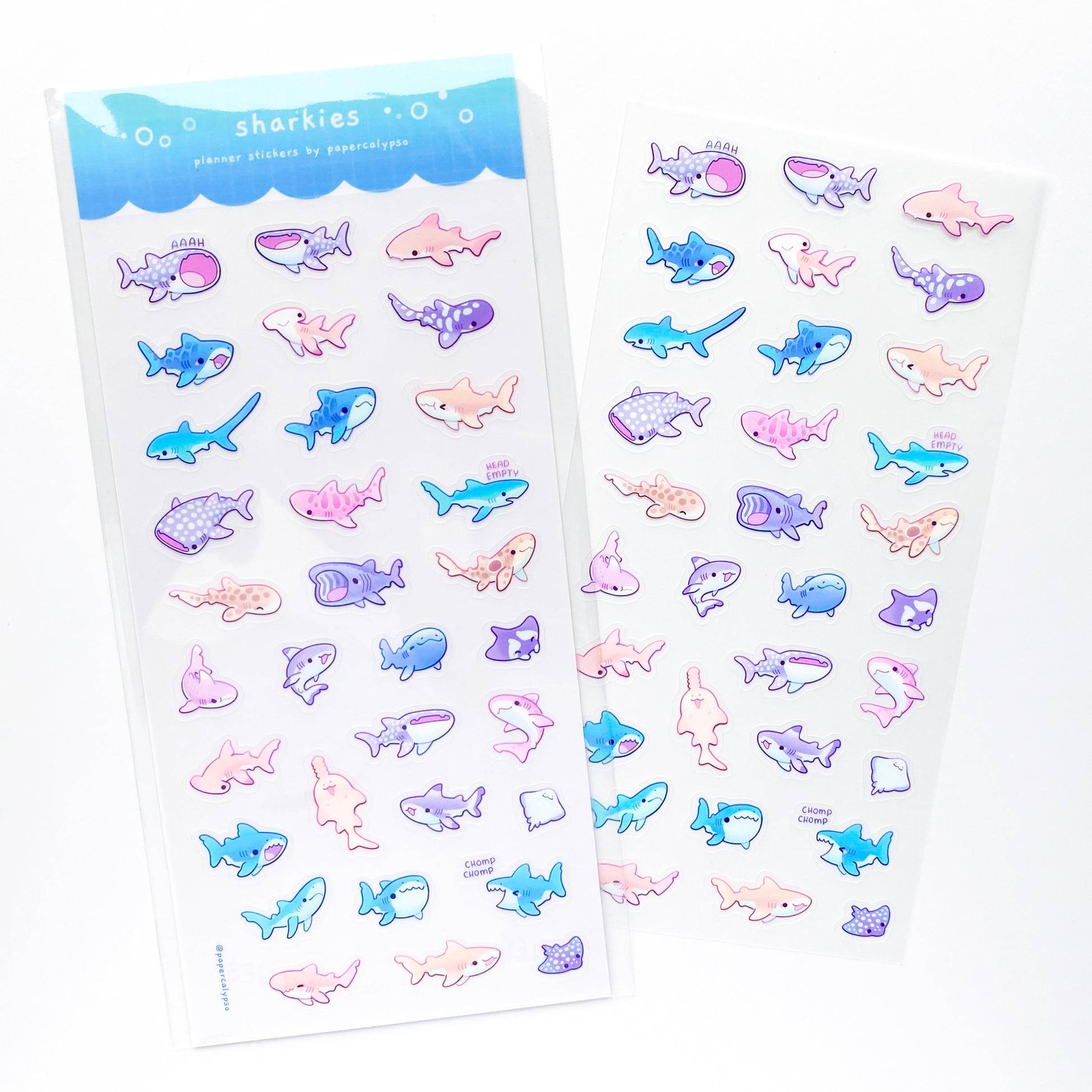 cute kawaii chibi shark fish doing different poses to decorate your journal, diary or planner. There are 32 unique stickers of sharks happily swimming around in the sea. 