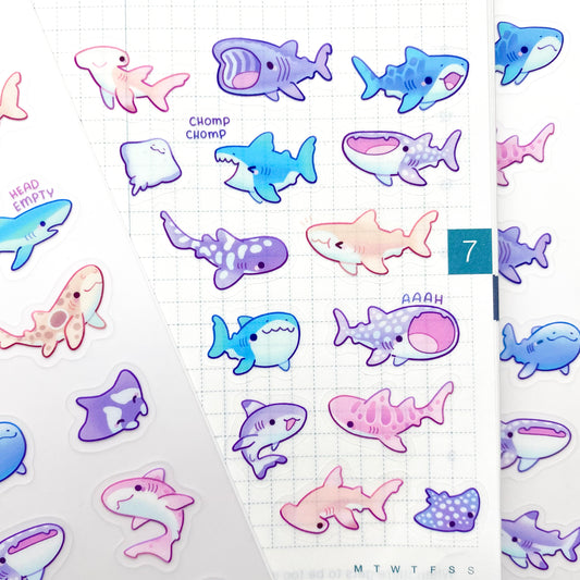 some little colourful sharks and rays to make bullet journalling more fun. Add them to your journal, bujo, diary or letters! They have an average height between 1cm and 1.5cm. It features the whale shark, leopard shark, lemon shark, hammerhead shark, zebra shark, leopard shark, tiger shark, thresher shark, basking shark, epaulette shark, whitetip reef shark,  blacktip reef shark, Greenland shark, manta ray, sawfish, spotted eagle ray and goblin shark.  1