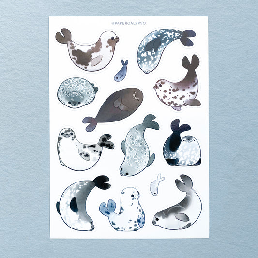 a vinyl sticker sheet full of seals playing, swimming and smiling.